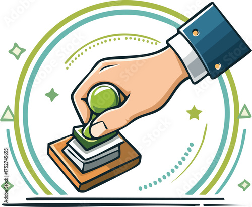 Hand holding credit card pen and stamp business icon illustration