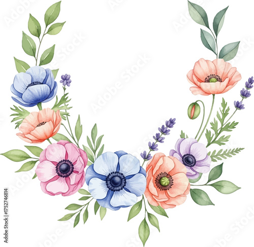 Watercolor Anemone and Lavender Floral Wreath Clipart