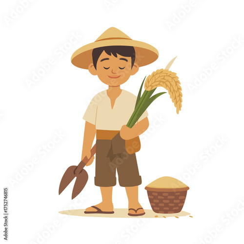 Digital Painting of Asian Rice Farmer in Textured Paddy Field