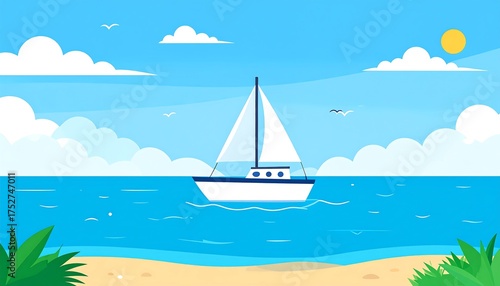 Fototapeta Naklejka Na Ścianę i Meble -  A serene illustration of a sailboat gliding across the blue ocean under a sunny sky