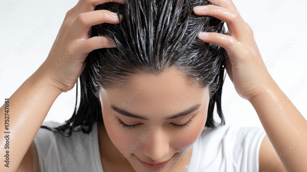 Naklejka premium A woman is gently washing her hair with shampoo, focusing on massaging the scalp for a thorough cleansing.