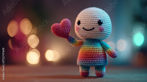 Wallpaper Mural Colorful crochet doll holding heart cozy indoor setting still life photography warm atmosphere charming perspective Torontodigital.ca