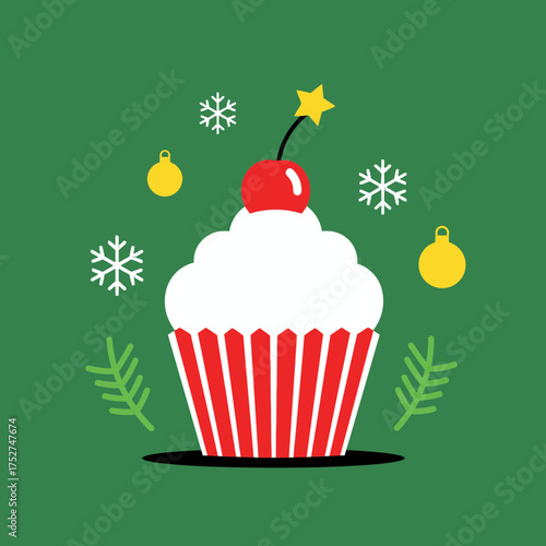 A festive cupcake illustration, adorned with a cherry, star, and snowflakes, perfect for holiday-themed designs and celebrations.