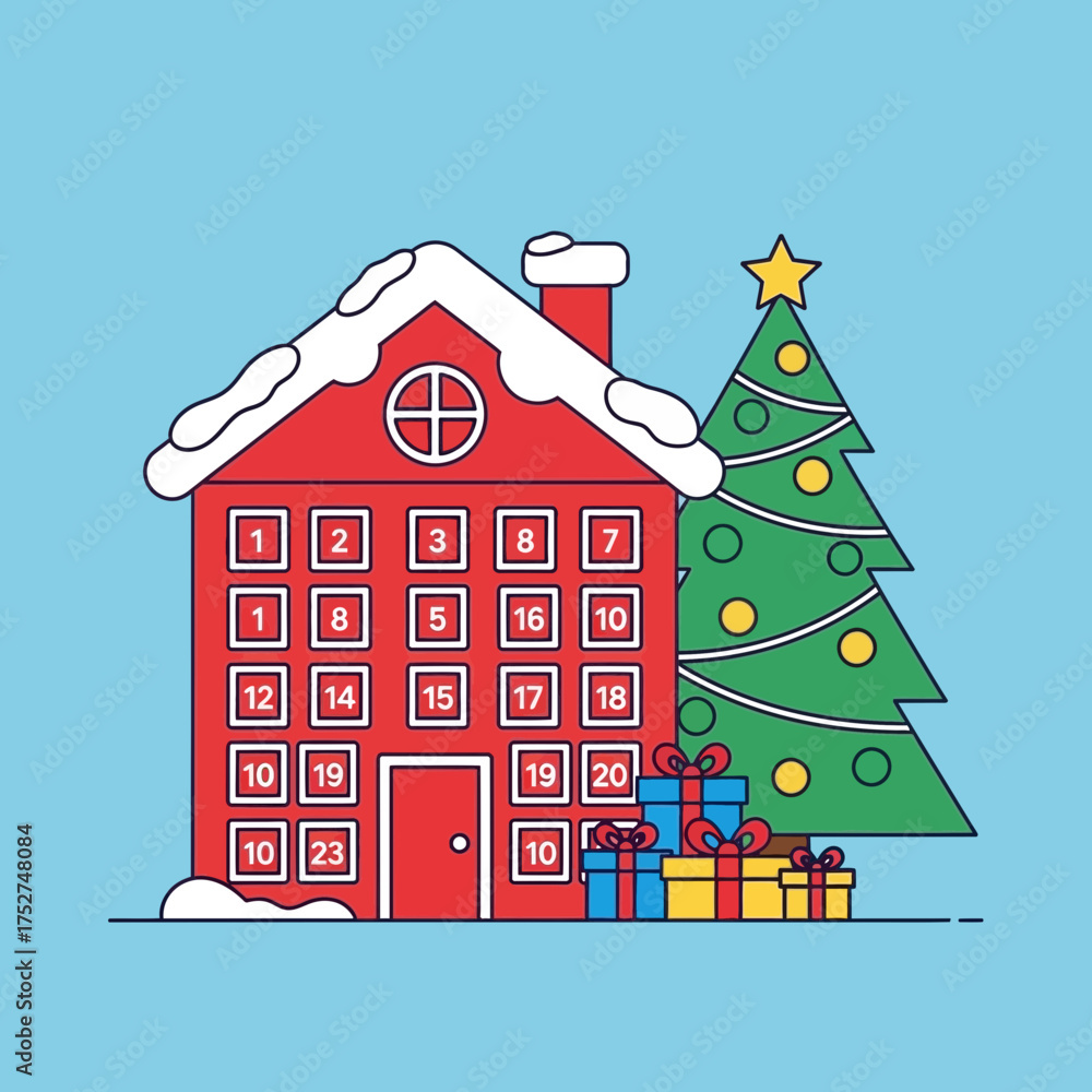 Fototapeta premium A festive illustration of a red Christmas house with an advent calendar, decorated with a Christmas tree and wrapped presents, on a blue background.