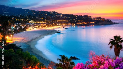 Beautiful Coastal Sunset Scenery with Palm Trees and Flowers on the Beach at Dusk