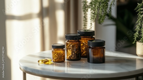 A serene display of amber jars filled with health supplements. The sunlight catches the textures creating a warm atmosphere. Perfect for wellness themes. Generative AI