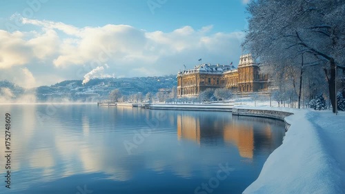 Beautiful winter landscape featuring a serene lake reflecting a stately building