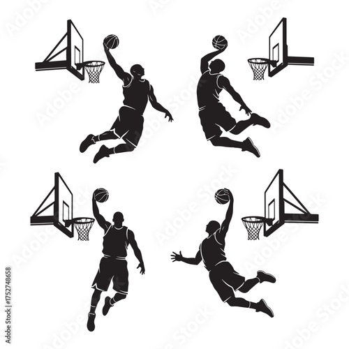 Silhouettes of basketball players dunking and shooting against a white background