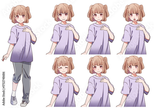 運動着を着たかわいいハーフツインテールの女の子の表情セット
