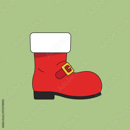 A festive illustration featuring a single Santa Claus boot, rendered in vibrant red with a white cuff and golden buckle, on a soft green background.