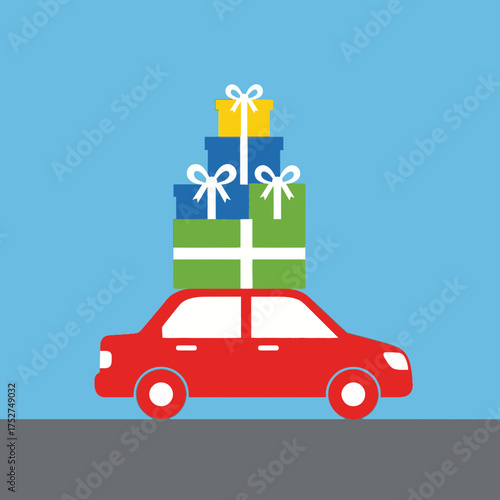 A red car carries a stack of colorful gift boxes, symbolizing holiday shopping and festive celebrations on a blue background.