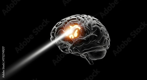 Digital rendering of a human brain with a focused glowing area, being hit by a laser beam, symbolizing targeted focus, idea, or neuroscience