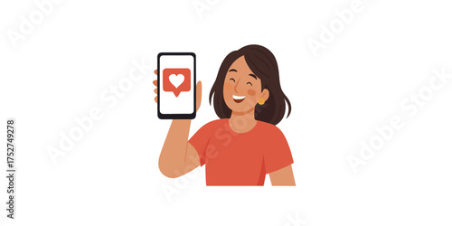 Print  Happy woman showing phone screen with like symbol, social media influence vector