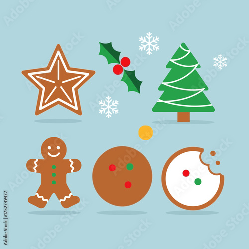 Festive Christmas-themed vector illustration featuring a gingerbread man, star cookie, festive tree, and other holiday elements.