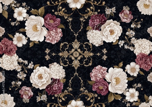 Wallpaper Mural Seamless tileable background inspired by Baroque luxury, featuring lush peonies, hydrangeas, and camellias Torontodigital.ca