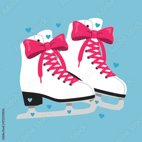 A pair of white ice skates with pink bows and laces, adorned with small hearts, set against a light blue backdrop, perfect for winter fun.