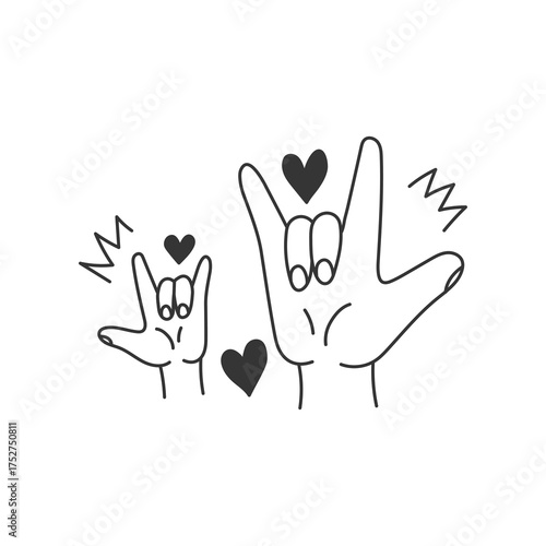 Parent and Child Sign Language I Love You Hands. Cute Line art drawing of adult and baby Fingers showing gesture - symbol of support, care and unity. Vector illustration in doodle style