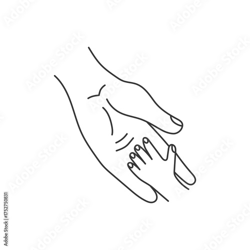 Parent Palm Holding Child Hand. Simple line drawing of adult love and baby tiny finger. Motherhood Fatherhood Family Parental trust, care, and protection. Vector illustration