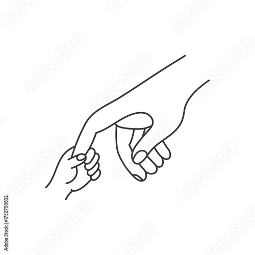 Child Hand Holding Parent Finger Line Drawing. Minimalist vector illustration of adult and baby fingertips touching — cute delicate symbol of connection, love, trust, and tenderness