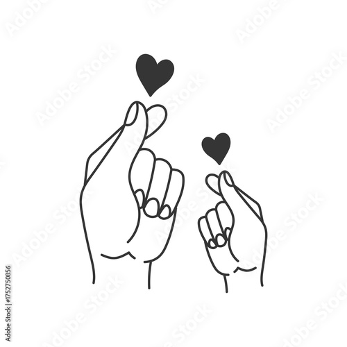 Parent and Child Finger Heart Gesture Line Art. Cute minimalist drawing of adult and baby palms expressing love, unity, and affection. Vector illustration in doodle sketch style