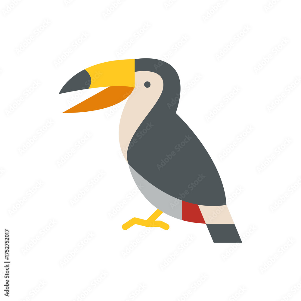 Naklejka premium Pixelated Toucan Bird With Yellow Beak Open Mouth and Black Gray White Plumage Standing Profile View on Transparent Background