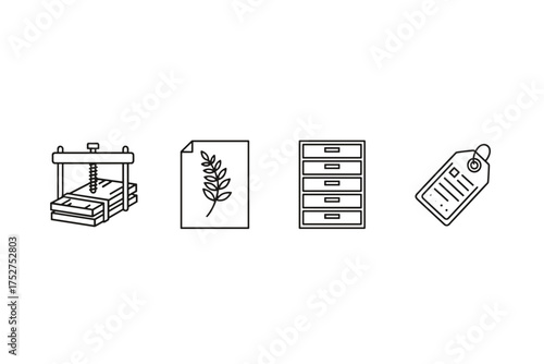 Set of linear icons for creating a herbarium. Includes a press for drying plants, a specimen with a leaf, an archive cabinet for storage, and an identification tag. Botany hobby.