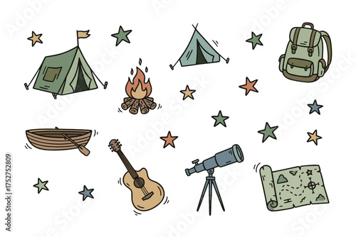 Camping adventure doodle icon set. Hand-drawn outdoor travel elements. Hiking collection with tent, campfire, backpack, map, guitar, and telescope for stargazing vector pack.
