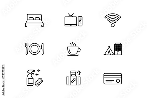 Hotel, travel and accommodation services vector icon set. Hospitality and booking linear symbols. Includes bed, TV, wifi, food, coffee, cleaning, luggage, payment and lodging.
