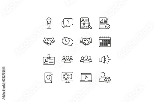 Business conference and HR management line icon set. Thin vector icons for presentation, interview, recruitment, meeting. Team, communication, video call, and webinar symbols.