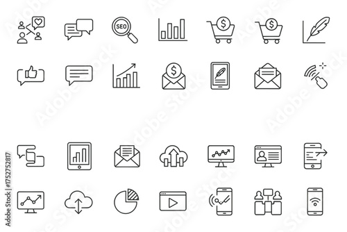 Digital marketing and business thin line icon set. Vector symbols for web and mobile design. SEO, data analytics, social media, e-commerce, and communication concepts.