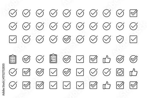 Check mark icon set. Tick symbol in circle and square. Approve, success, complete, correct signs. Checklist, survey, poll and quality control thin line vector icons.
