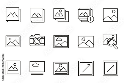 Simple line icon set for photography and image editing. Vector collection of thin outline symbols like picture gallery, camera, photo album, add image, search, and resize for UI UX design.