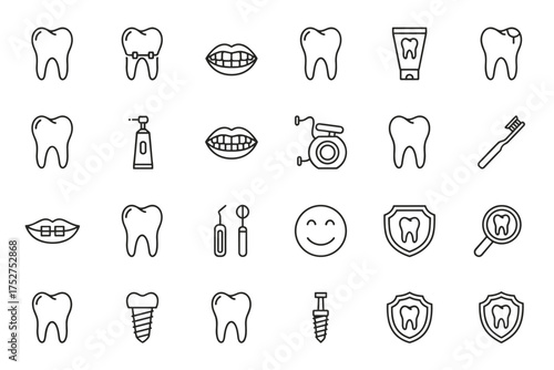 Dental care and dentistry line icon set. Oral hygiene, health, and stomatology symbols. Tooth, implant, braces, and toothbrush vector icons for medical infographics.