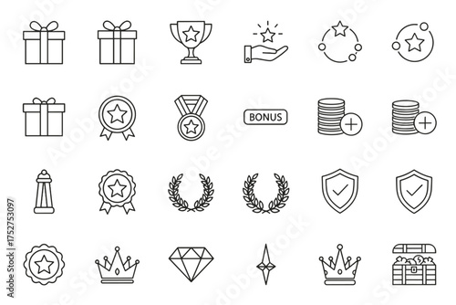 Reward and prize line icon set. Achievement, bonus, and loyalty program symbols collection. Winner trophy, award medal, gift box, star, diamond, crown. Quality guarantee shield.