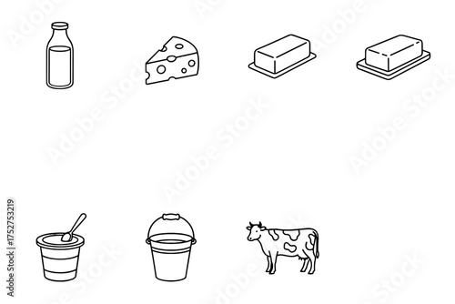 Dairy products line icon set. Milk bottle, cheese, butter, yogurt, pail and farm cow. Natural organic food, calcium source. Agriculture, farming concept. Outline vector icons.