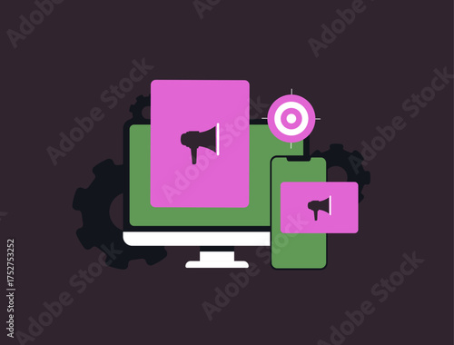 Programmatic advertising - targets audiences with megaphone icons on desktop and mobile screens. Gears icons for automated marketing precision in cross-device digital campaigns. Vector illustration