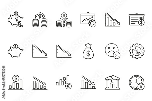 Economic crisis line icon set. Financial recession, inflation, market crash, bankruptcy. Investment loss, budget deficit, poverty, debt. Vector graphic business symbols.
