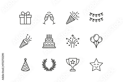 Celebration and party line icon set. Vector symbols for birthday, anniversary, and winning. Editable stroke graphics with cake, gift, balloons, trophy, and fireworks.