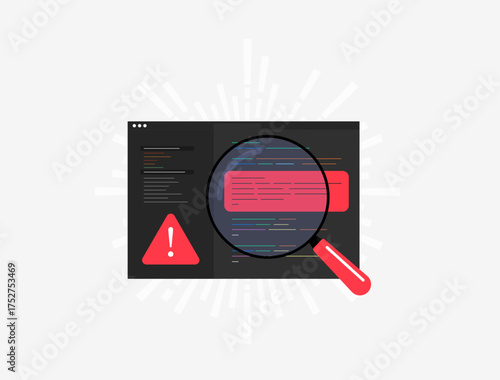 Code inspection - uncovers errors in programming scripts through red magnifying lens and warning alert triangle. Debugging for software developers in quality assurance workflows. Vector illustration