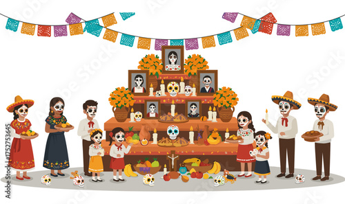 Mexican Día de Muertos celebration altar three levels pan de muerto bread orange marigolds festive banners above