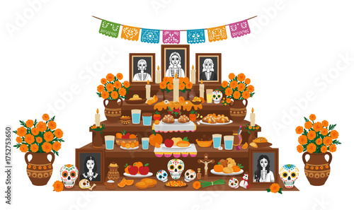Vibrant Día de Muertos altar ancestor portraits marigold flowers decorated sugar skulls traditional bread colorful banners