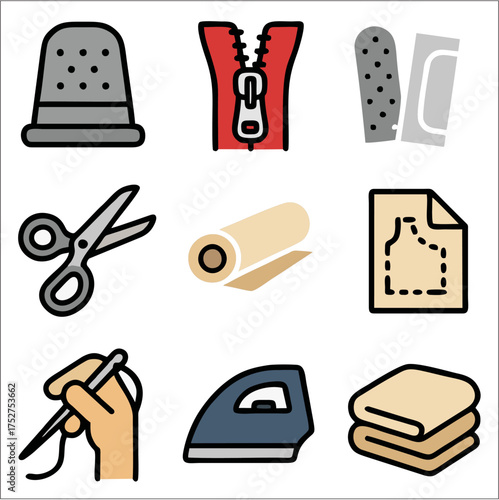 Flat Icon Set Tailor Tools, Sewing Equipment & Fabric Items in Flat Bold Vector Style