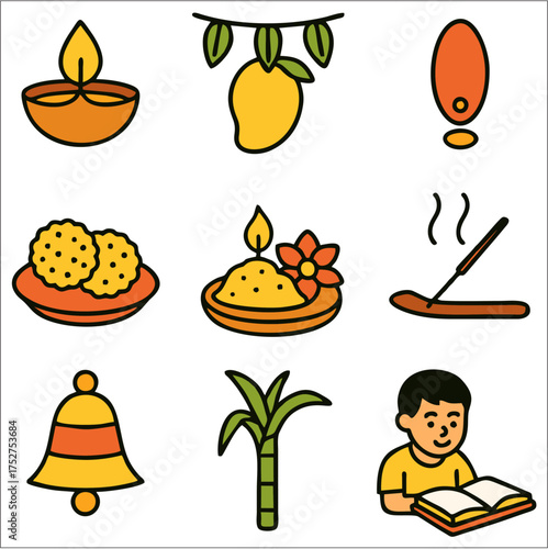 Flat Icon Set Vasant Panchami & Saraswati Puja Festival Symbols in Bold Minimalist Style