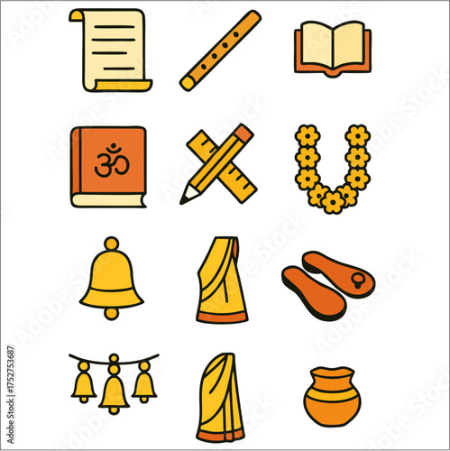 Flat Icon Set Vasant Panchami & Saraswati Puja Festival Symbols in Bold Minimalist Style