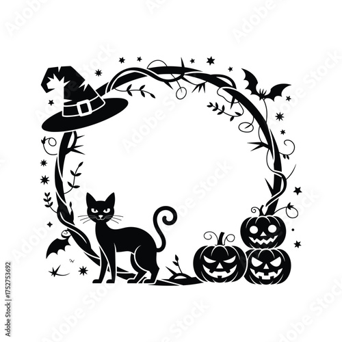 Halloween black cat witch hat pumpkins bat frame silhouette on white background jack o lantern