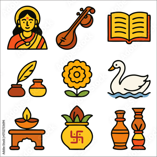 Flat Icon Set Vasant Panchami & Saraswati Puja Festival Symbols in Bold Minimalist Style