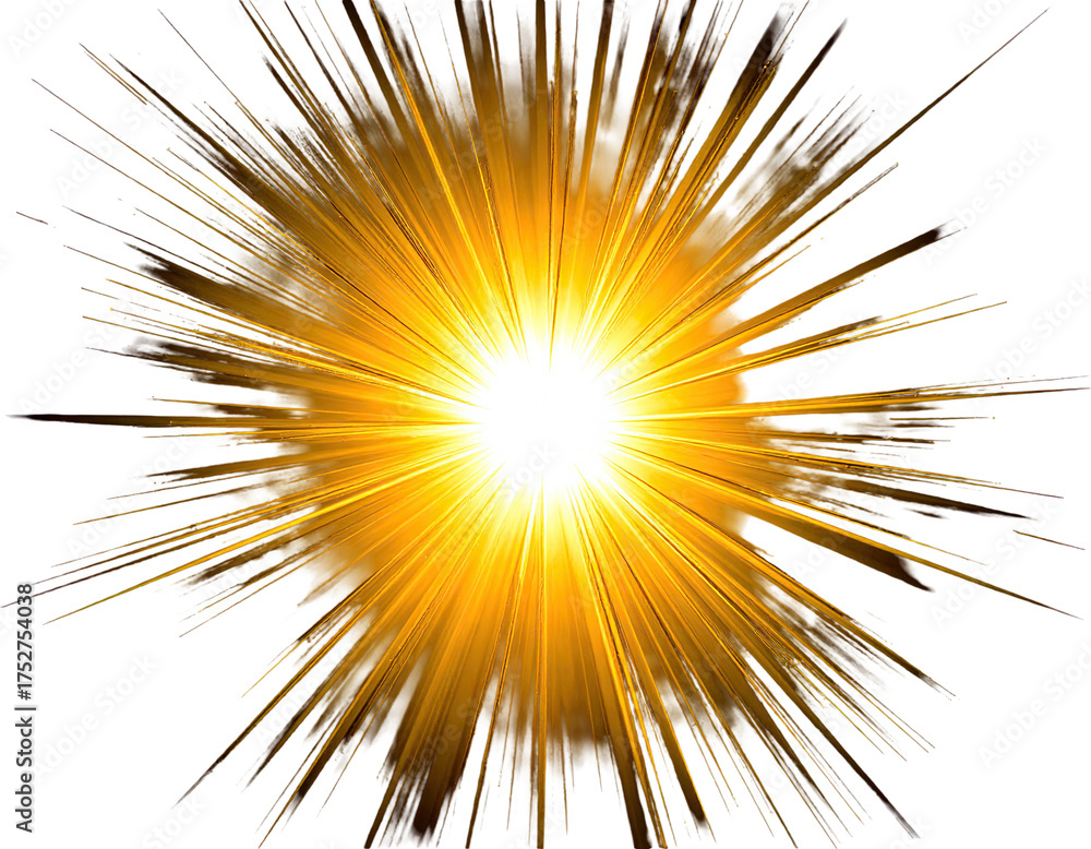 Fototapeta premium Bright golden sunburst radiating with sharp, energetic light streaks against black