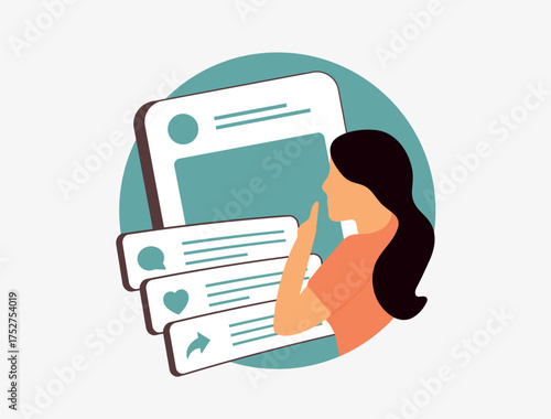 Social media engagement - woman gesturing toward social media posts with likes, shares and comments. Authentic digital interactions for influencer marketing trends. Vector illustration