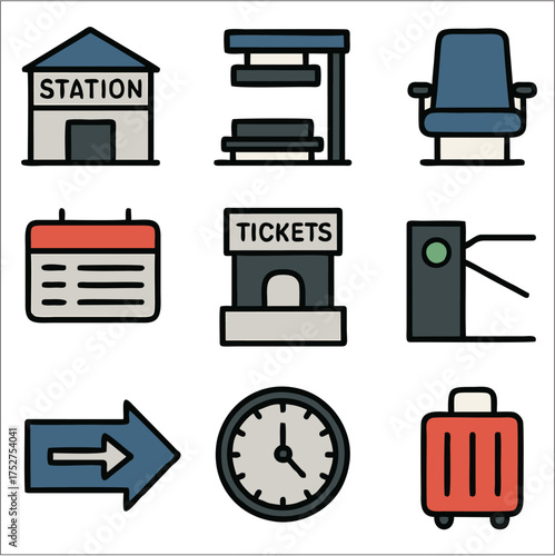 Flat Icon Set Train Types, Components & Station Symbols in Flat Bold Vector Style