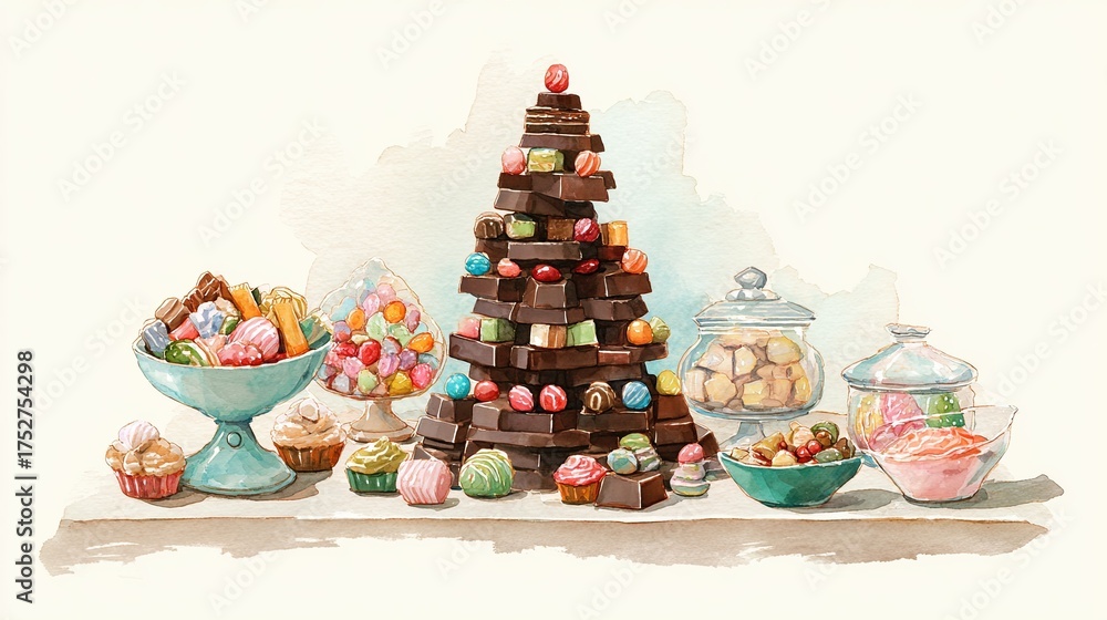 Naklejka premium A colorful assortment of candies and chocolates arranged in bowls and jars, showcasing a delightful dessert display with various textures and shapes.